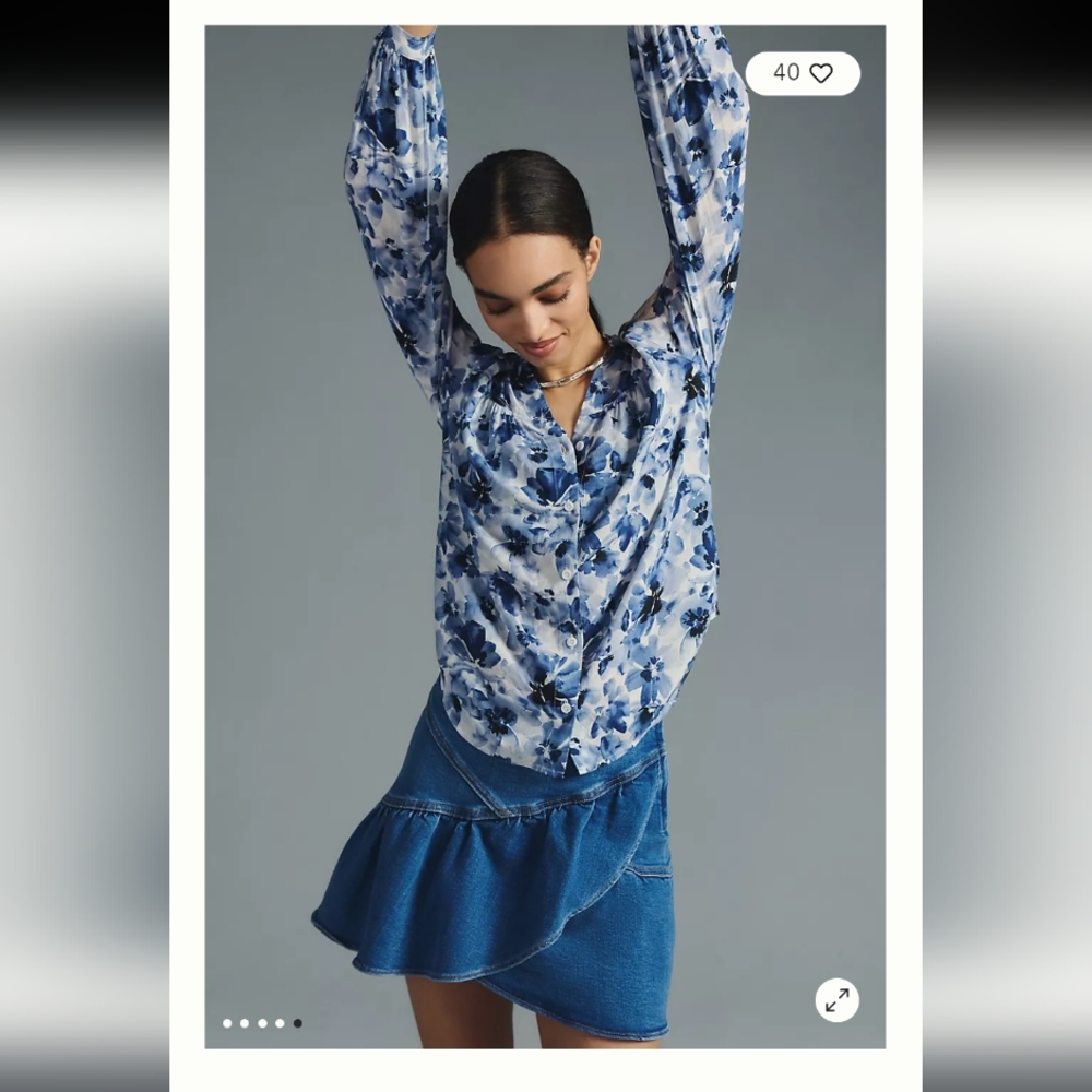 Cloth & Stone Shirred Shirt Blue Floral Blouse